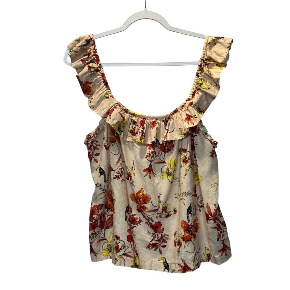 Evereve Womens Linen Blend Floral Toucan Print Ruffle Tank Top Boho Tropical L